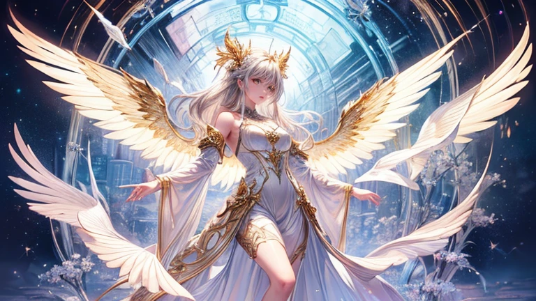 (highest quality,8k,CG,Beautiful details upper body,,Thumb Girl,Translucent coat dress,Complex facial features,length,Flowing hair,Almond-shaped eyes,Exquisite eye makeup,length fluttering eyelashes,Blinking big eyes,Starry Sky,Exquisite lip detail,Soft and harmonious style)(Top quality), (Super detail), (Hi-res) cute
Tantra teens, metatron, 6 Silver angel wings, light brown multicolored straight hair, full body tatto, white and gold metallic sexy  Tantra maid armor costume, bare shoulders, Magic Circle, beautiful concept art, Swirling Elemental, quality, UHD, heaven room, full back