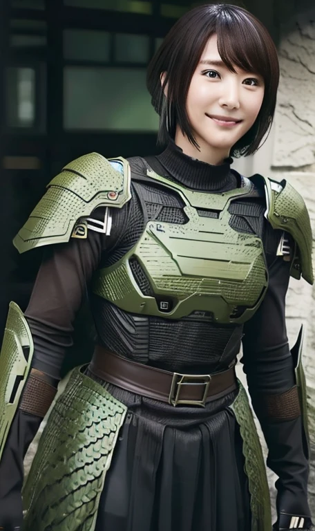 Textured skin, Super detailed, Attention to detail, high quality, 最high quality, High resolution, 1080p, hard disk, beautiful,(War Machine),beautifulサイボーグ女性,Dark Green Mecha Cyborg Girl,Battle Mode,Girl with a mechanical body,She is wearing a futuristic combat weapon mecha、Very short hair、Brown eyes、Sweaty、Cute Smile、