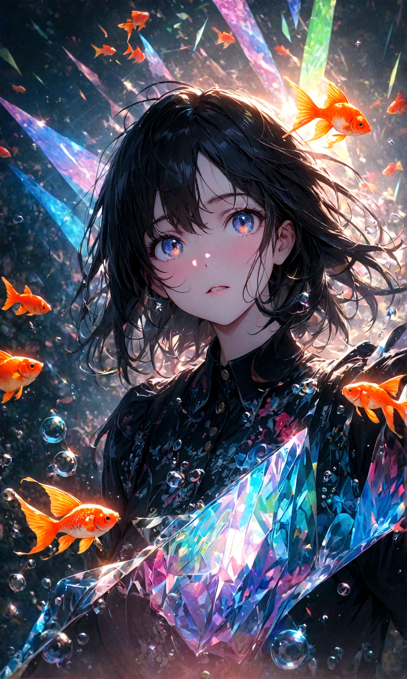 (female\(student, age of 15, JK, short silver floating hair, cosmic colored eyes, black color uniform of school, pale skin, tired face with no shine in the eyes\) is looking up at the sky), (so many goldfish are swimming in the air), beautiful sky, beautiful clouds, summery colorful flowers are blooming here and there, (crystal clear bubbles are shining prism here and there in the sky), there is the noonday moon and noonday stars in the sky, female is at messy downtown, BREAK ,quality\(8k,wallpaper of extremely detailed CG unit, ​masterpiece,hight resolution,top-quality,top-quality real texture skin,hyper realisitic,increase the resolution,RAW photos,best qualtiy,highly detailed,the wallpaper,cinematic lighting,ray trace,golden ratio\),(long shot),wide shot,