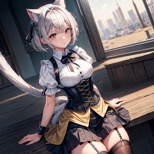 girl, Gray-haired, Short-haired, Yellow-eyed, Small breasts, Cat hair accessories, Side Lock, Gray-haired, Shiny Hair, uniform, (Golden Eyes: 1.2), (Skirt has two long triangular extensions, abdominal vest corset), White buttons on the best corset, (A short-sleeved striped shirt under a vest corset), (The cuffs are close to the arms), (Thick black ribbon around neck), ( short magenta skirt),