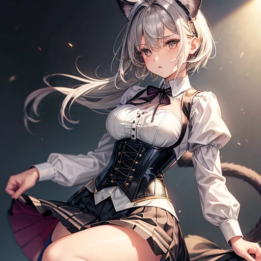 (Best quality),(Detailed), (1 girl),Kizi,There are cat ears on the top of the head,white thighhighs, short detailed hair,brunette color hair,Medium breasts,Small suspender white vest,short white pants,No navel,Bare legged,No stockings