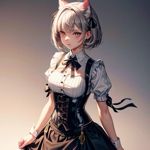 girl, Gray-haired, Short-haired, Yellow-eyed, Small breasts, Cat hair accessories, Side Lock, Gray-haired, Shiny Hair, uniform, (Golden Eyes: 1.2), (Skirt has two long triangular extensions, abdominal vest corset), White buttons on the best corset, (A short-sleeved striped shirt under a vest corset), (The cuffs are close to the arms), (Thick black ribbon around neck), ( short magenta skirt),