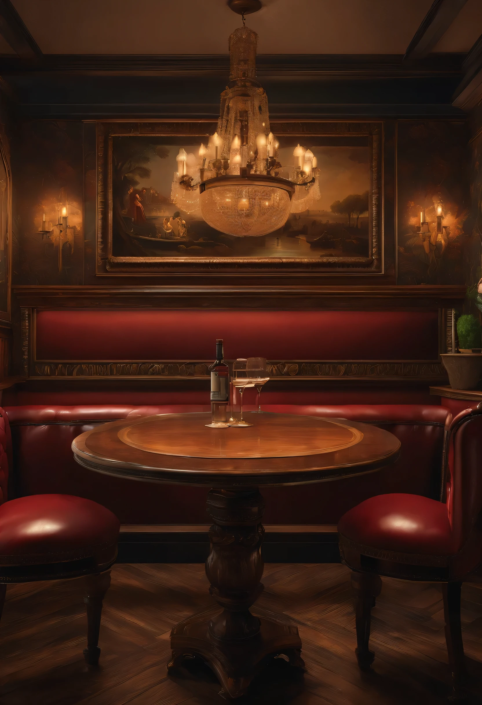 Masterpiece, Best Quality, Official Art, 8k Wallpaper, Very Detailed, Illustration, a little table to the left of the bar, a sofa, a few barstool chair, classic painting on the walls, classic ornaments around the bar, with modern vibes