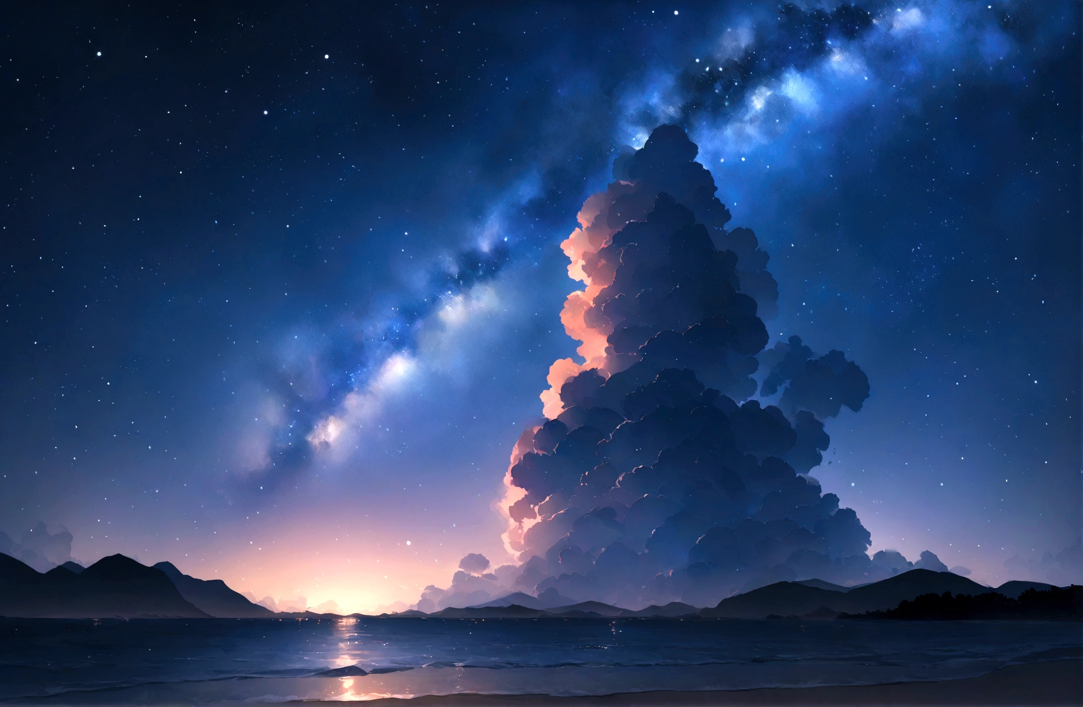 Master Parts、Superior Quality、Excellent image quality、8K quality、Beautiful starry sky photos、grow、Arched Milky Way:1.9、blue sea