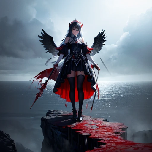Black and white and blue and red,(highest quality, Super detailed, High resolution, Highly detailed CG),Wide Shot,Dead angels standing on the edge of a cliff,She is very beautiful,She loves blood and the sea,Rain of blood, Mysterious,Enthusiastic, complicated, Surreal,delicate