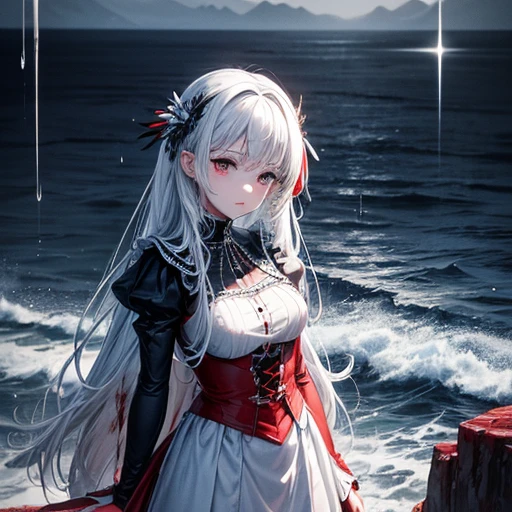 Black and white and blue and red,(highest quality, Super detailed, High resolution, Highly detailed CG),Wide Shot,Dead angels standing on the edge of a cliff,She is very beautiful,She loves blood and the sea,Rain of blood, Mysterious,Enthusiastic, complicated, Surreal,delicate
