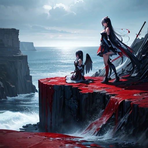 Black and white and blue and red,(highest quality, Super detailed, High resolution, Highly detailed CG),Wide Shot,Dead angels standing on the edge of a cliff,She is very beautiful,She loves blood and the sea,Rain of blood, Mysterious,Enthusiastic, complicated, Surreal,delicate