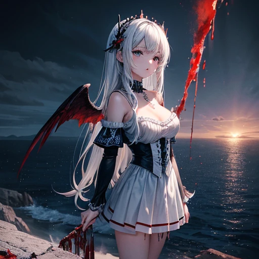 Black and white and blue and red,(highest quality, Super detailed, High resolution, Highly detailed CG),Wide Shot,Dead angels standing on the edge of a cliff,She is very beautiful,She loves blood and the sea,Rain of blood, Mysterious,Enthusiastic, complicated, Surreal,delicate Holding a sword Gray Hair