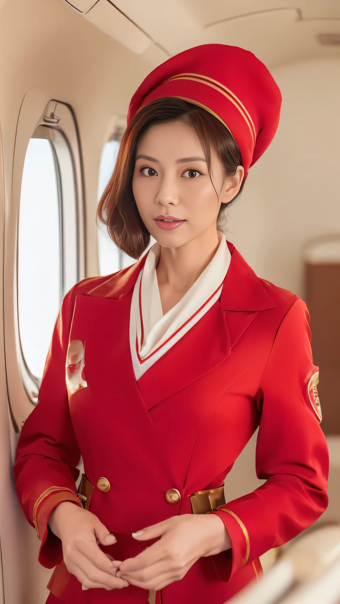 (8k, best quality, masterpiece, golden ratio composition,:1.3), (Zoom out shot:1.2), (A beautiful Japanese mature woman dressed in a classic flight attendant uniform, fitted red jacket, white blouse, red neck scarf, ,very small and short neck scarf, small red hat ,light makeup:1.4), (huge breasts), standing in an airplane cabin