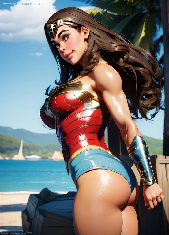 PhotoRealistic Art Style, Natural Beauty, Masterpiece, Full Body View Visible, Hailee Steinfeld, Perfectly Accurate Face Proportion,Realistic Light Hazel Brown Eyes, Thick Eyebrows, Brown hair, slim toned Thighs, tight ass, perky round breast , slim athletic body type, perfect body type, seductive smile, wonder woman