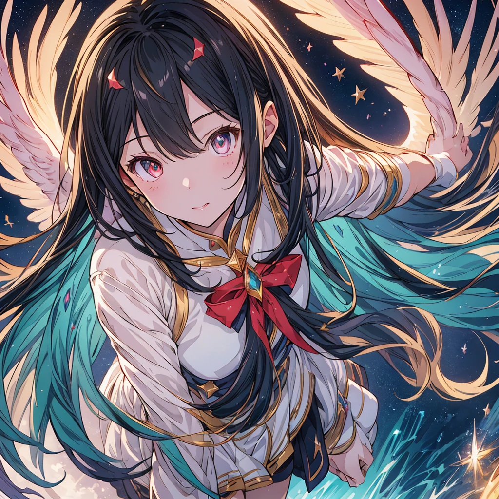 highest quality、最高masterpiece、Ultra-detailed eyes、(((One girl))),Dynamic composition、Magical girl、Angel&#39;s wing、One girl, alone, Milky white short hair, Magic wand, wing, Black background, sword, Knee socks, Holding, skirt, hair ornaments, gloves, boots, feathered wing, Holding 武器, feather,  black skirt, blue eyes, black gloves, Milky hair, whole body, belt, Exposing shoulders, thigh boots, Holding Magic wand, elbow gloves, Gauntlet, [(White Background:1.5),::5] (Isoscale:1.0), Double Exposure, bubble,
Mid Shot, whole body,masterpiece, highest quality,(colorful),(Beautifully detailed eyes and face),Cinema Lighting,Highly detailed CG Unity 8k wallpaper、Super huge、whole body、