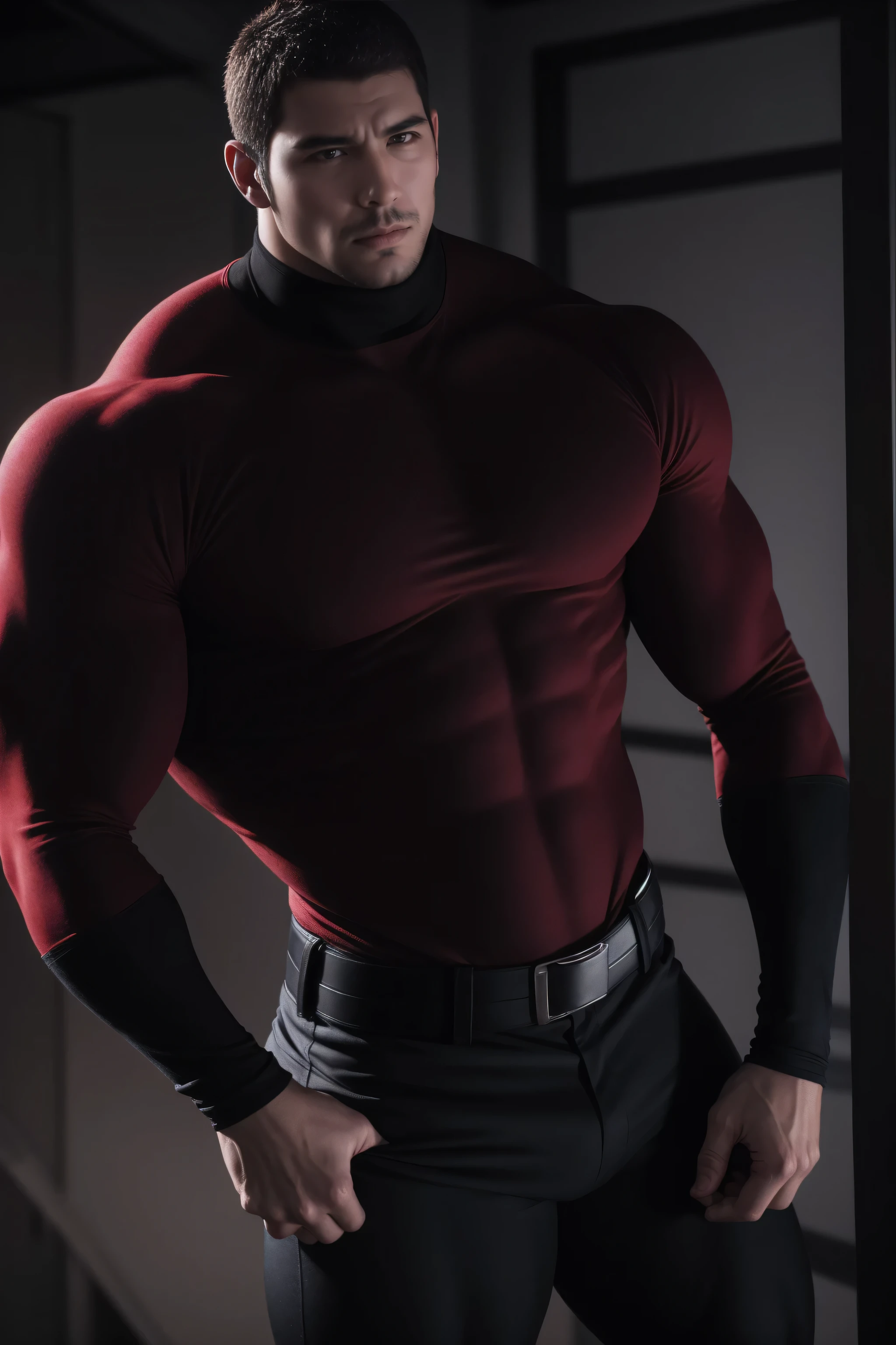 Super muscular man,  Open mouth and scream，Buzz Cut，In a luxurious and noble mansion, Wear a long-sleeved red and black collar tights, Thickened warm elastic texture，The expression is arrogant, High collar long sleeve red and black turtleneck tights, very tight, Regular symmetrical pattern, Highlight muscles, Police uniform pants, character concept（Resident Evil - Chris Redfield, Chris Redfield）A proud expression, Deep and charming eyes, Heroic male pose, tall Burly, muscular！muscular thighs, tough guy, perfect facial features, High, Burly, Heqiang, Super polished and cool, High Resolution Committee, Charismatic, The sun shines through the customers