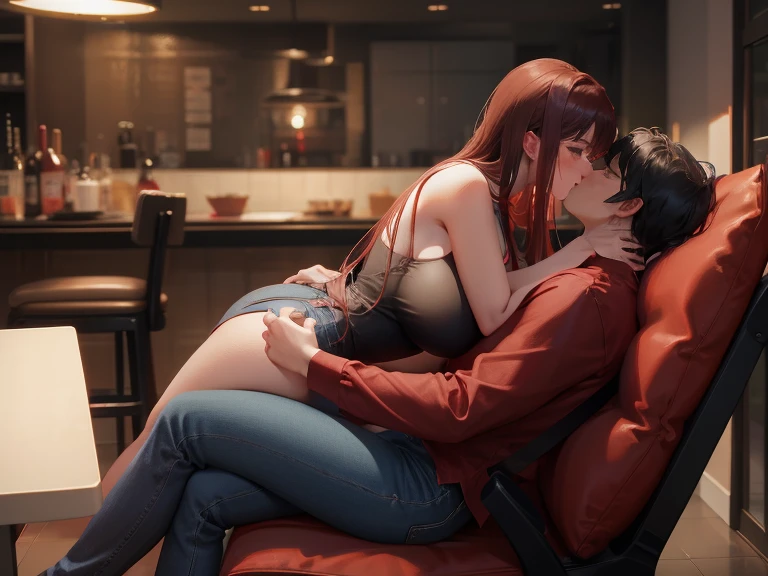 Young sexy girl wearing a red dress sitting on lap of young boy wearing a red and black flannel shirt and jeans who is sitting on a chair, kissing, making out, passionately, dim lighting, sexy, hot, lustful