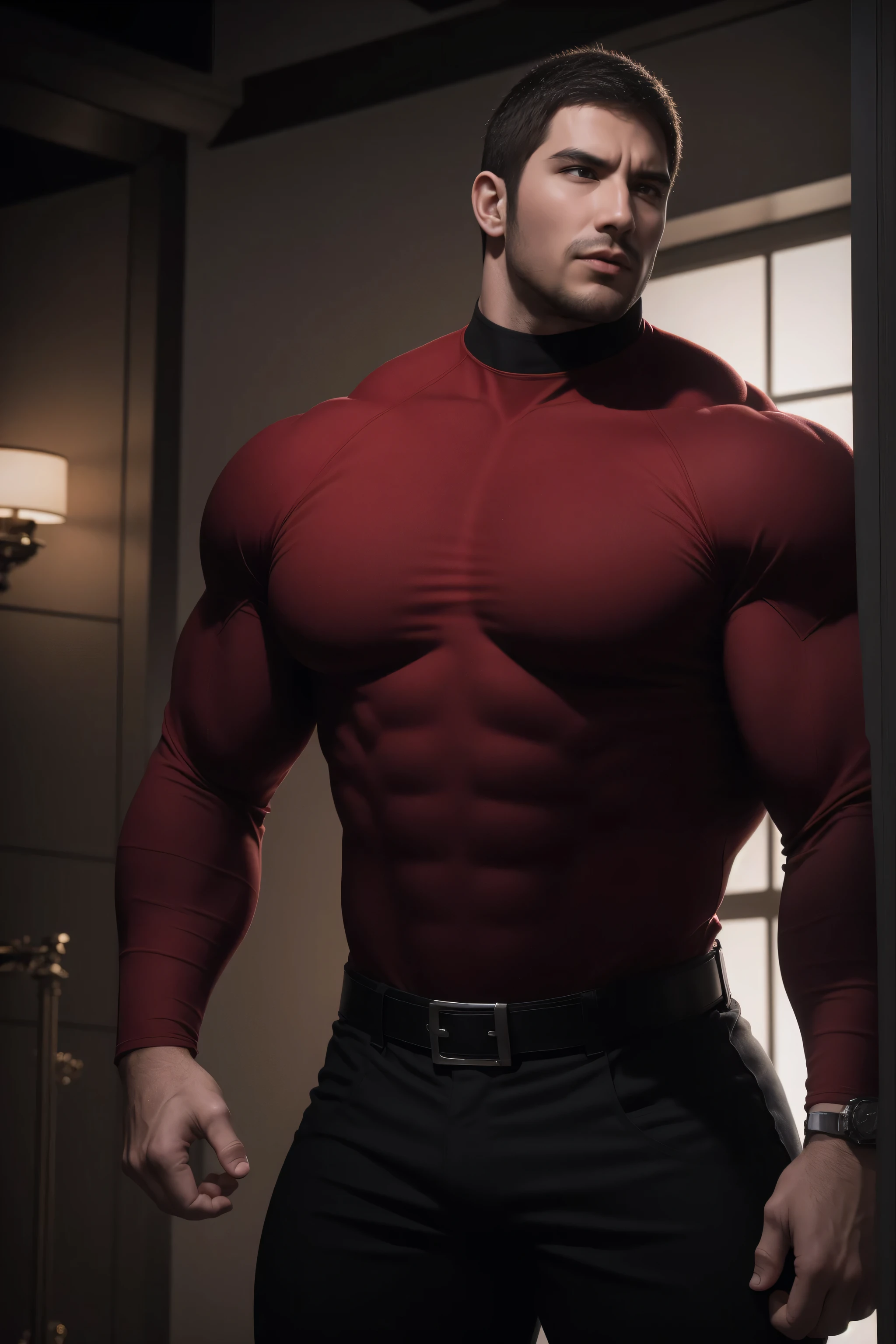 Super muscular man, Open mouth and scream,Buzz Cut,In a luxurious and noble mansion, Wear a long-sleeved red and black collar tights, Thickened warm elastic texture,The expression is arrogant, High collar long sleeve red and black turtleneck tights, very tight, Regular symmetrical pattern, Highlight muscles, Police uniform pants, Thick thighs,character concept(Resident Evil - Chris Redfield, Chris Redfield)A proud expression, Deep and charming eyes, Heroic male pose, tall Burly, muscular!muscular thighs, tough guy, perfect facial features, High, Burly, Heqiang, Super polished and cool, High Resolution Committee, Charismatic, The sun shines through the customers