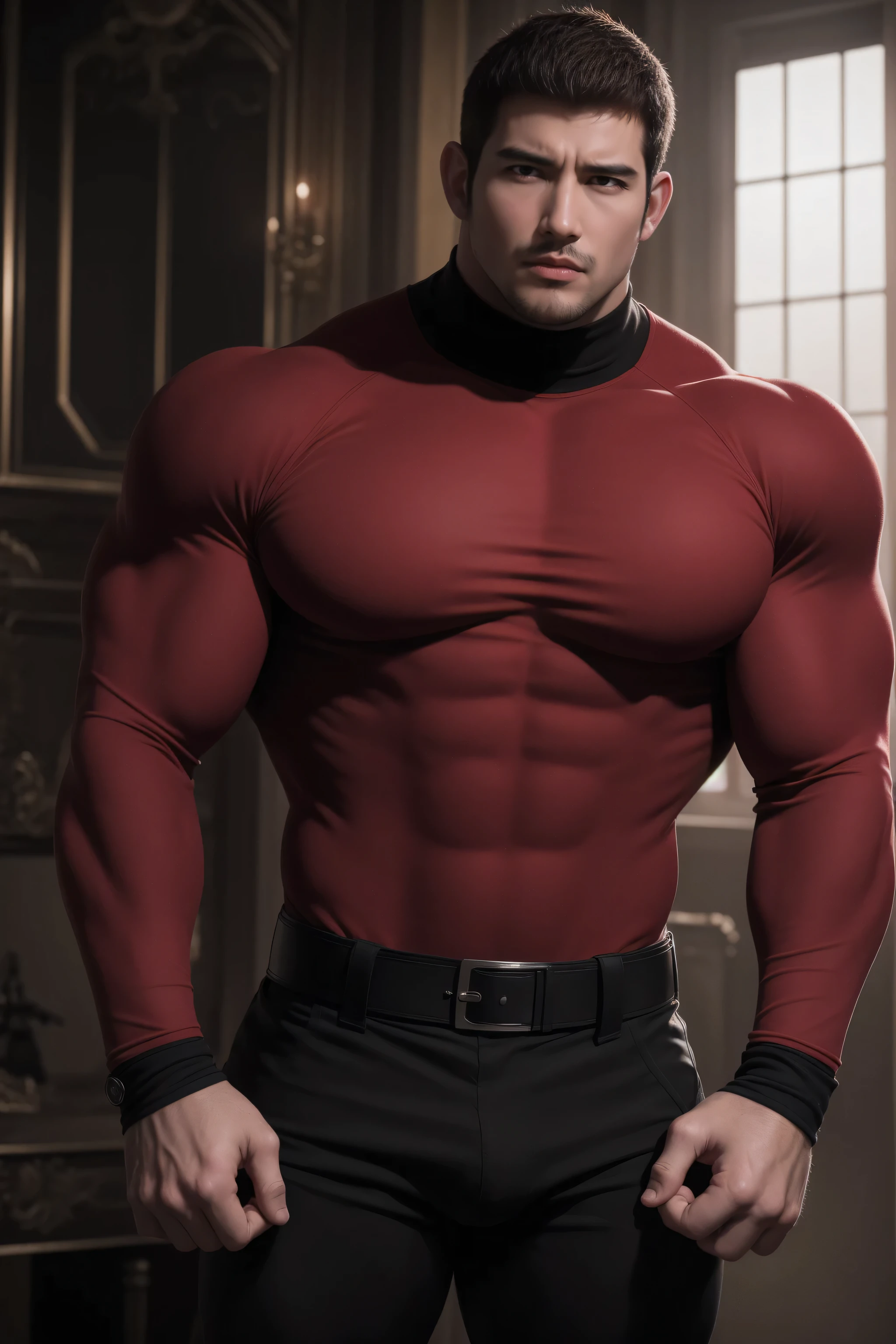 Super muscular man,  Open mouth and scream，Buzz Cut，In a luxurious and noble mansion, Wear a long-sleeved red and black collar tights, Thickened warm elastic texture，The expression is arrogant, High collar long sleeve red and black turtleneck tights, very tight, Regular symmetrical pattern, Highlight muscles, Police uniform pants, Thick thighs，character concept（Resident Evil - Chris Redfield, Chris Redfield）A proud expression, Deep and charming eyes, Heroic male pose, tall Burly, muscular！muscular thighs, tough guy, perfect facial features, High, Burly, Heqiang, Super polished and cool, High Resolution Committee, Charismatic, The sun shines through the customers