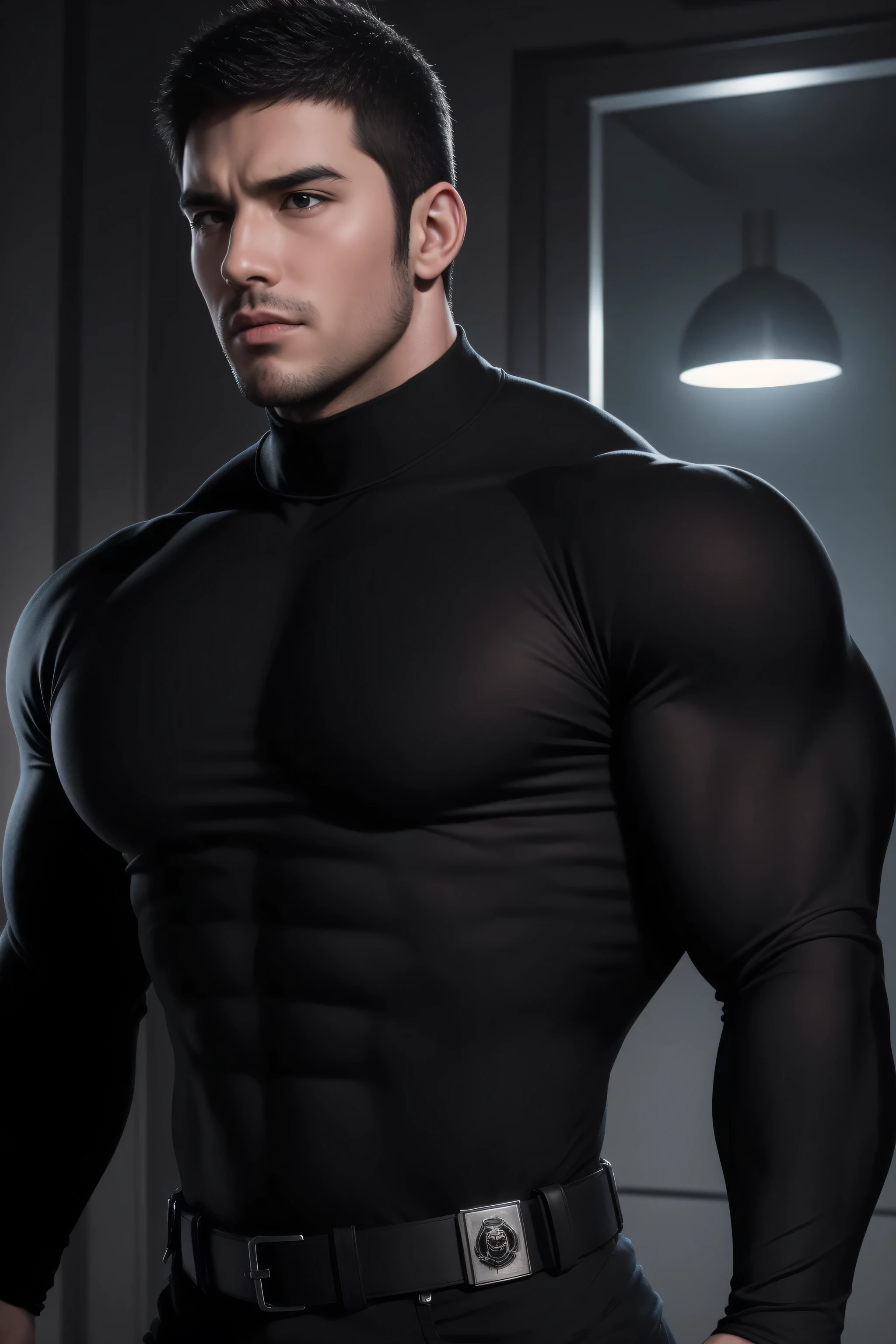 Super muscular man,  Open mouth and scream，Buzz Cut，In a luxurious and noble mansion, Wear a long-sleeved red and black collar tights, Thickened warm elastic texture，The expression is arrogant, High collar long sleeve red and black turtleneck tights, very tight, Regular symmetrical pattern, Highlight muscles, Police uniform pants, Thick thighs，character concept（Resident Evil - Chris Redfield, Chris Redfield）A proud expression, Deep and charming eyes, Heroic male pose, tall Burly, muscular！muscular thighs, tough guy, perfect facial features, High, Burly, Heqiang, Super polished and cool, High Resolution Committee, Charismatic, The sun shines through the customers