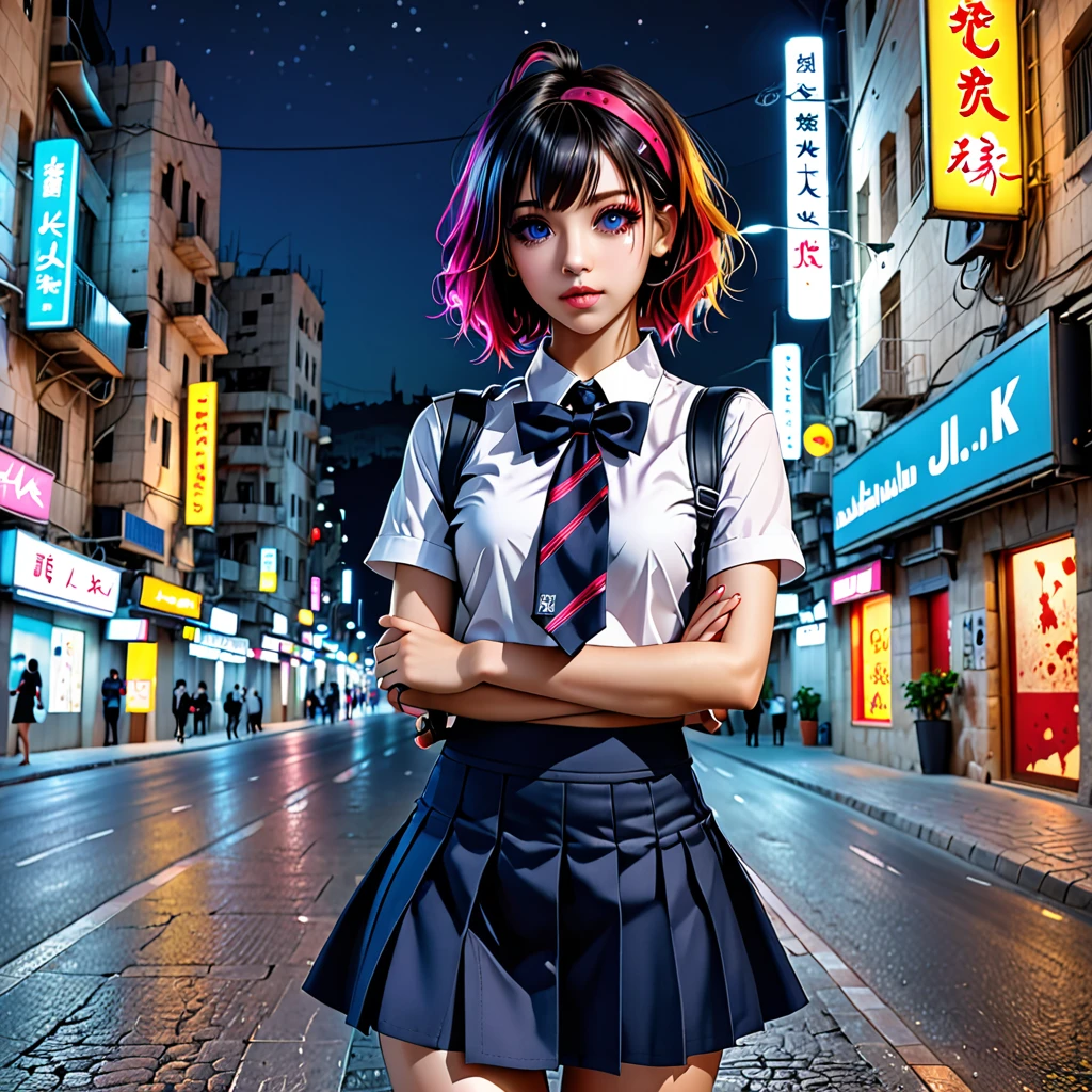 (8k, RAW photo, masterpiece:1.3), (realistic, photo-realistic:1.37), (night), (looking at viewer:1.331), (bloody hair), posing, Jerusalem street, nightcityscape, cyberpunk city, soft light, 1girl, extremely beautiful face, bust, put down hands, Random hairstyle, Random expression, big eyes, lower abdomen, (short-sleeved .JK_shirt), JK_style, (dark blue short JK_skirt), (bow JK_tie), mix4., best quality