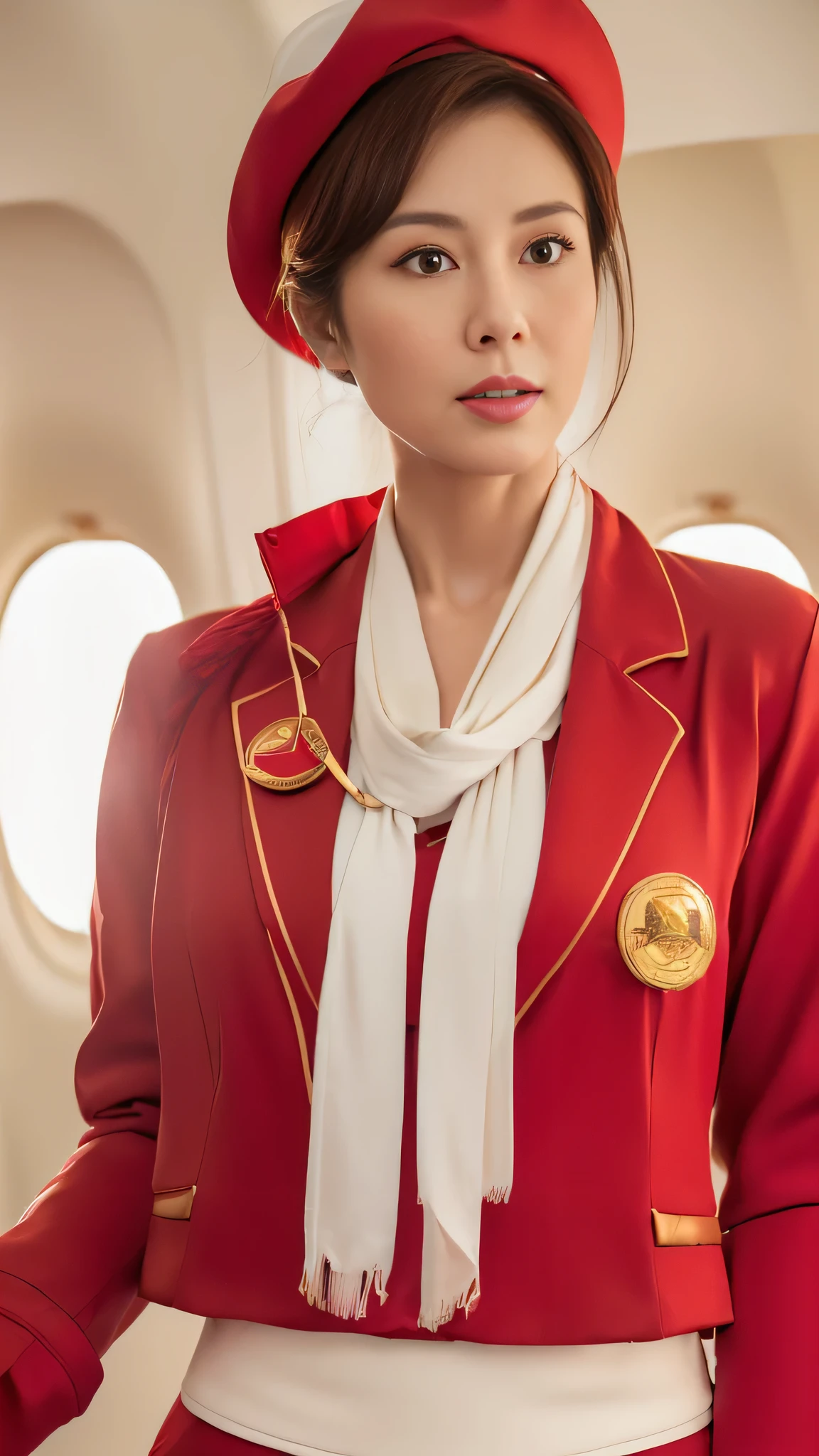 (8k, best quality, masterpiece, golden ratio composition,:1.3), (Zoom out shot:1.2), (A beautiful Japanese mature woman dressed in a classic flight attendant uniform, fitted red jacket, white blouse, red neck scarf, ,very small and short neck scarf, small red hat ,light makeup:1.4), (huge breasts), standing in an airplane cabin
