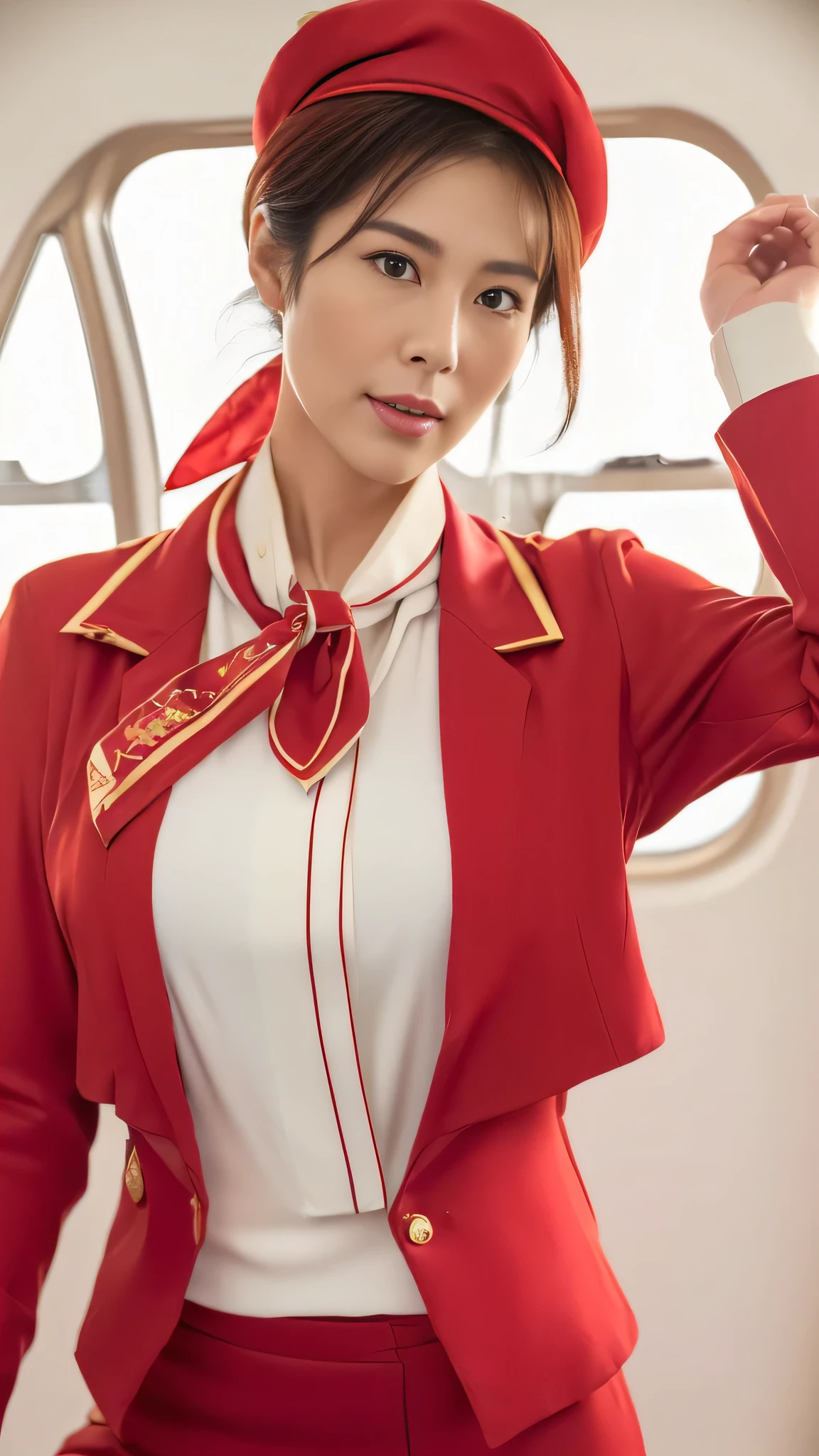 (8k, best quality, masterpiece, golden ratio composition,:1.3), (Zoom out shot:1.2), (A beautiful Japanese mature woman dressed in a classic flight attendant uniform, fitted red jacket, white blouse, red neck scarf, ,very small and short neck scarf, small red hat ,light makeup:1.4), (huge breasts), standing in an airplane cabin