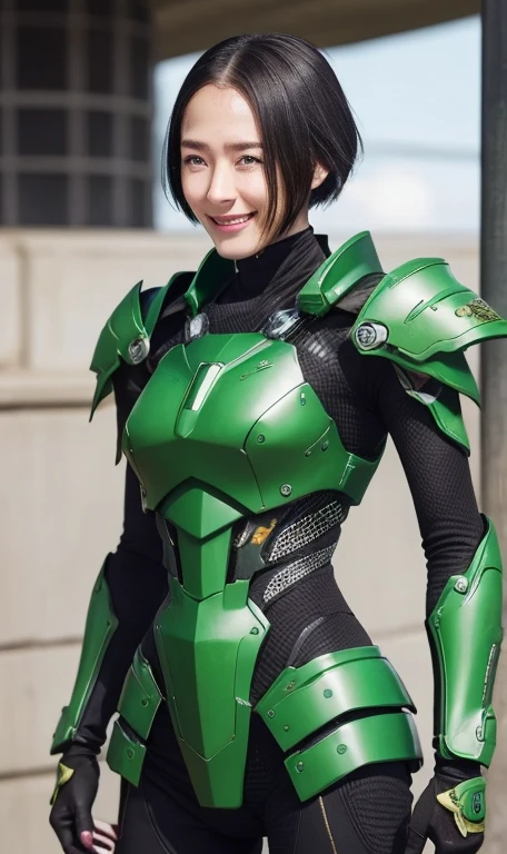 18-year-old、Textured skin, Super detailed, Attention to detail, high quality, 最high quality, High resolution, 1080p, hard disk, beautiful,(War Machine),beautifulサイボーグ女性,Dark Green Mecha Cyborg Girl,Battle Mode,Girl with a mechanical body,She is wearing a futuristic combat weapon mecha、Very short hair、Brown eyes、Sweaty、Cute Smile、