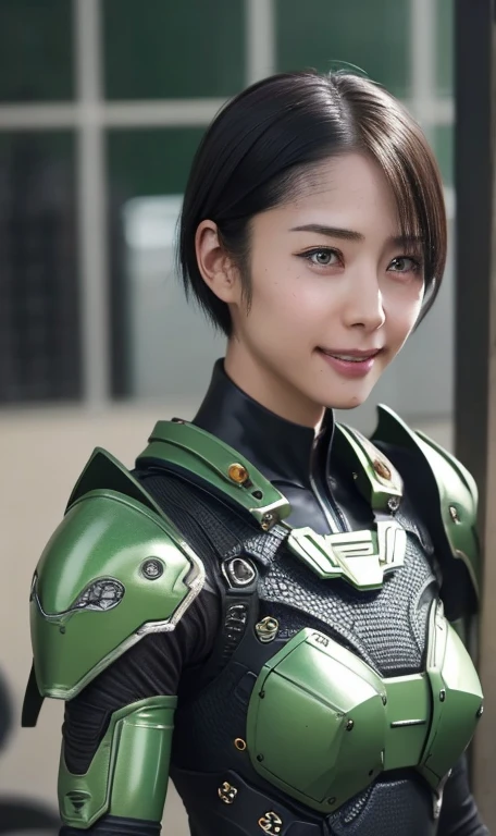 18-year-old、Textured skin, Super detailed, Attention to detail, high quality, 最high quality, High resolution, 1080p, hard disk, beautiful,(War Machine),beautifulサイボーグ女性,Dark Green Mecha Cyborg Girl,Battle Mode,Girl with a mechanical body,She is wearing a futuristic combat weapon mecha、Very short hair、Brown eyes、Sweaty、Cute Smile、