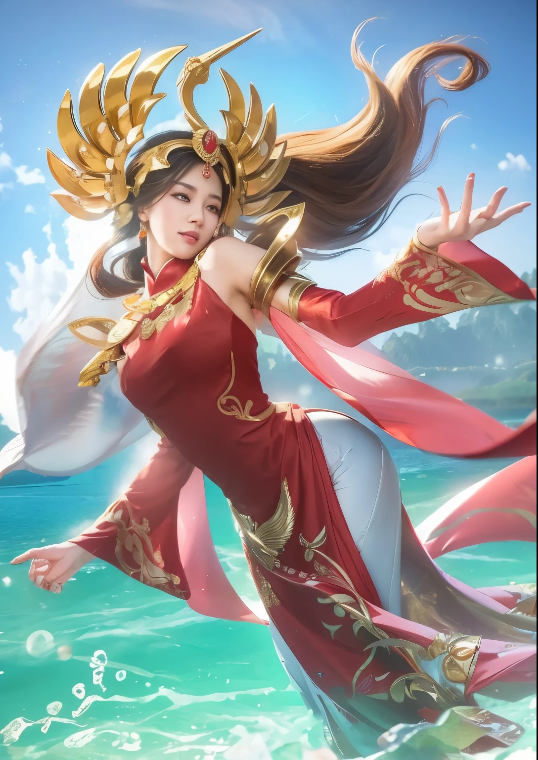 Asian woman, red dress, gold crown, long straight hair, big 
