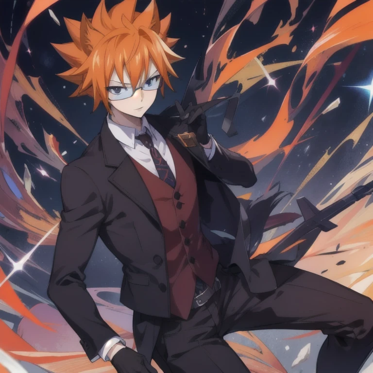 masterpiece, best quality, , 1boy, solo, male focus, looking at viewer, full body, , ligne claire, , loki_fairy_tail, orange hair, black eyes, leather gloves, spiked hair, waistcoat, fairy_tail,