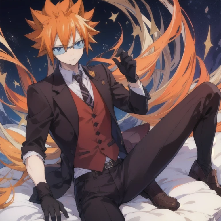 masterpiece, best quality, , 1boy, solo, male focus, looking at viewer, full body, , ligne claire, , loki_fairy_tail, orange hair, black eyes, leather gloves, spiked hair, waistcoat, fairy_tail,