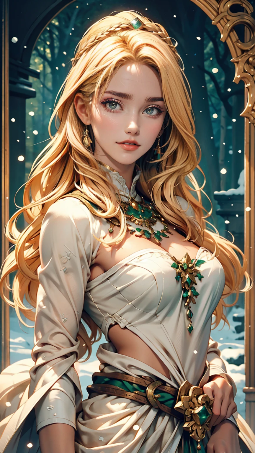 Vintage style fantasy, masterpiece, Great art, highest quality, One girl, Close-up Girl Nordic Princess, Scandinavian mountains々, Winter Weather, Symmetrical and highly detailed face, Peach silky silky skin, Vivid and aggressive green eyes, White, messy hair down to her waist, Sculptural body, (spark: 0.7), Adobe Illustration, Artstation's Trand, 8k, High resolution, 超High resolution, Cold and soft lighting, --q 500 --s 100, -
