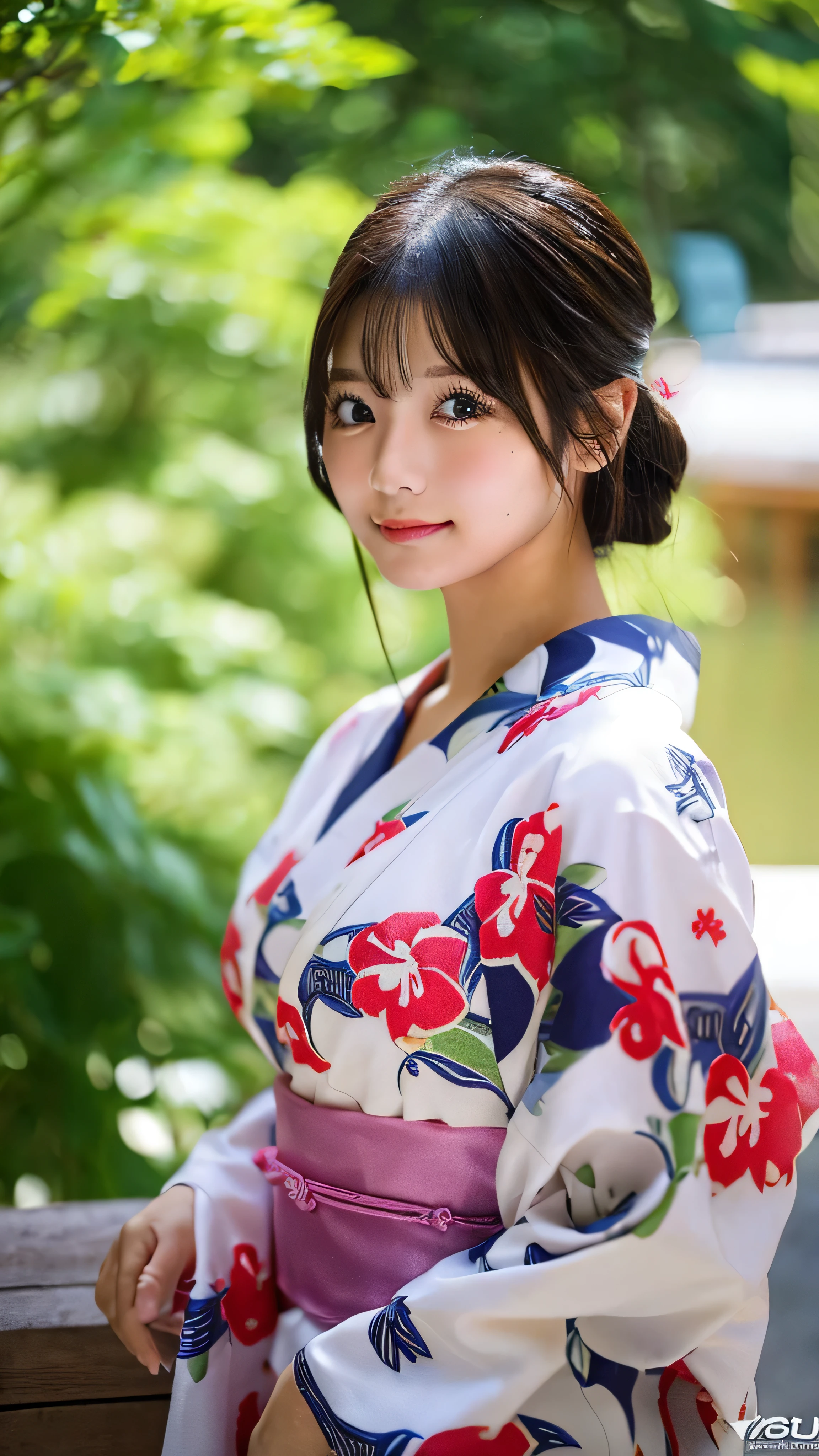 （8k、high resolution、High resolution、Fine details）Beautiful eyelashes、High resolutionの顔、Zoom out、18 years old、 Beautiful detailed eyes、Random cute hairstyles、c cup breasts、yukata、Summer festival、Japan、Standing posture、whole body