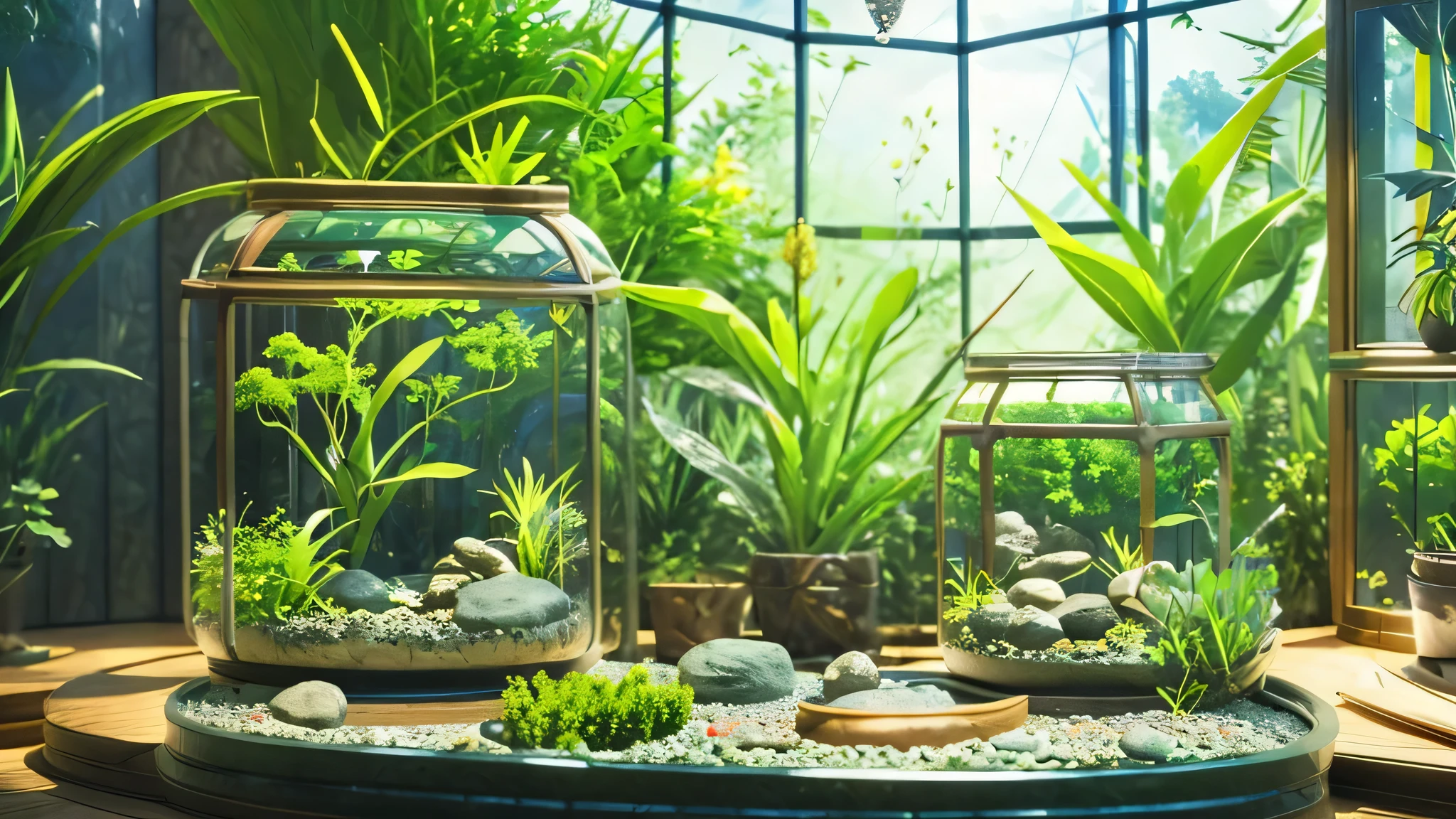 「Encased in a glass dome、A beautiful and delicate terrarium。Mr.々Various kinds of green plants are harmoniously arranged、Small stones and tree branches are scattered around。Warm natural light pours in、It creates a fantastic atmosphere, as if a small world is spreading inside the terrarium.。Realistic and detailed texture and color、Generate a CG rendered terrarium wallpaper。」