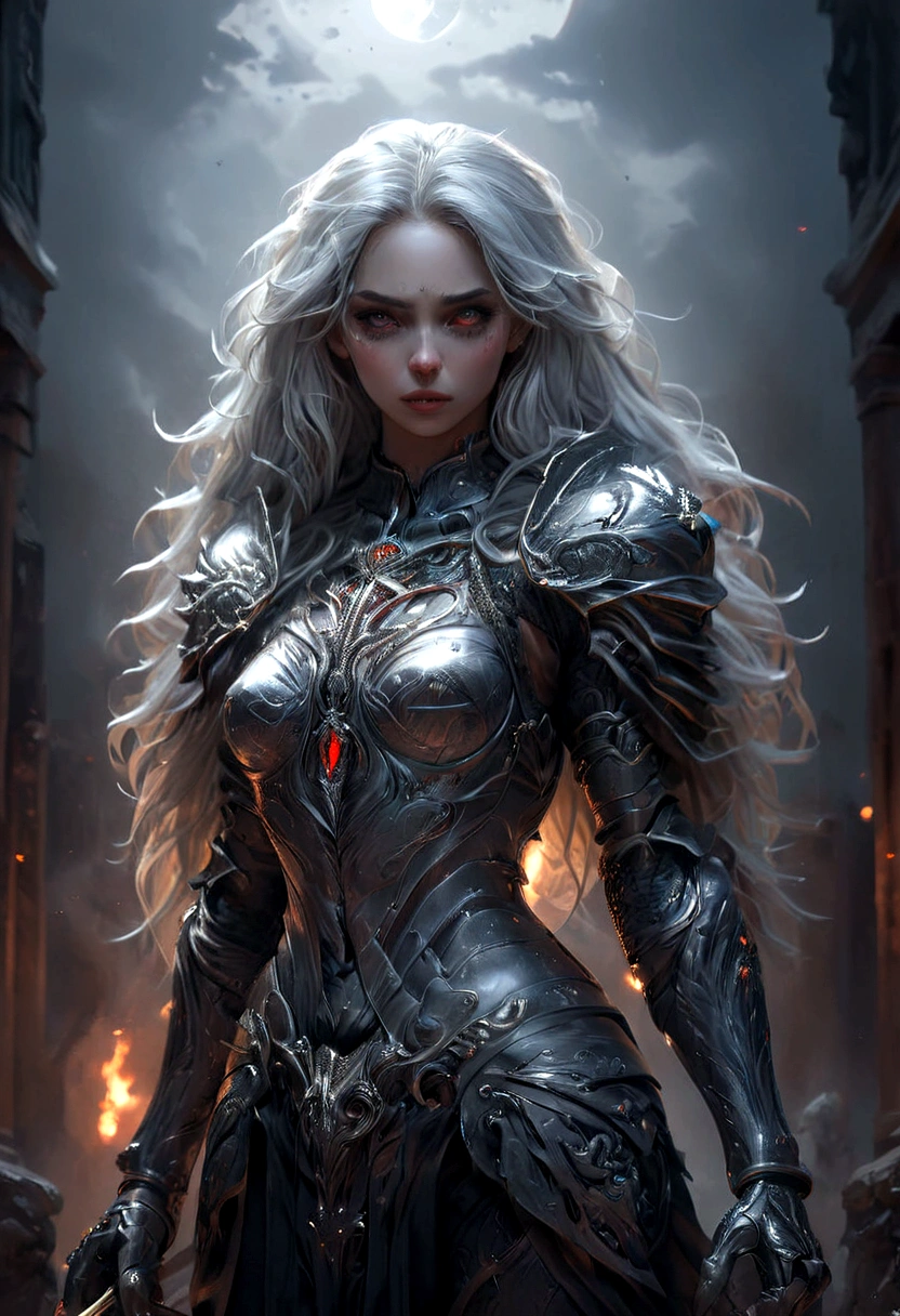 full body picture,((Masterpiece)), (Best Quality),(Cinematic),(highly accurate drawing in every detail)(extremely precise representation)(full body picture) evil awe inspiring night time with full moon scenery,1girl,fit,small breasts,long legs,sporty butt, red eyes, pale light grey skin, we capture a standing stunning tall young vampire girl with mindblowing face that takes a nice pose and showing her fangs keeping her fine crafted straight-sword in front of her krypta surrounded wearing a beautifully crafted black with silver ornaments meager and form fitting plate armor with some lace covered skin , extreme long silver hair, overknee armor heeled boots with buckles. (Masterpiece), (Best Quality), (ultra detailed), (most absurd), (highres), (official art:1.4), (illustration:1.4), (clear image:1.2),(delicate illustration: 1.2), 8k ,(detailed face:1.3), (highlights in eyes:1.3), (detailed silver long hair:1.3), (detailed skin:1.3), , perfect drawing lines. detailliertes full body picture, full body representation, head and hands and feet in the picture,