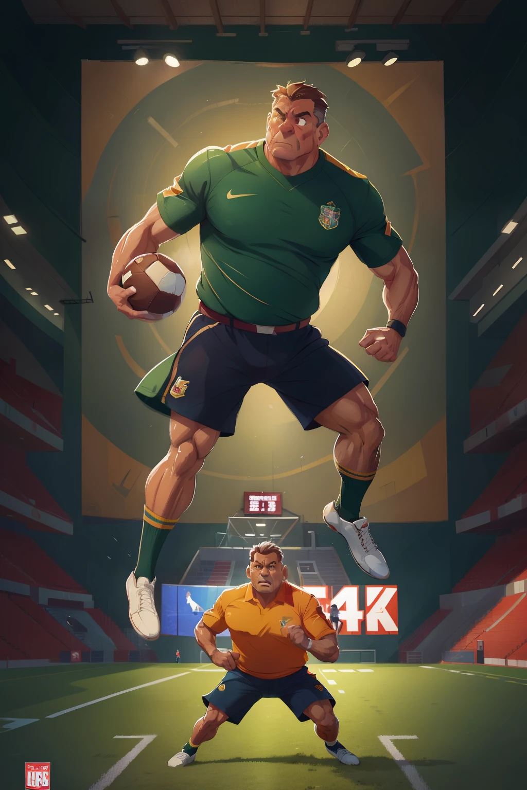Middle-aged man, sporting a well-toned physique, is passionately engaged in a football game, depicted in a large, dynamic perspective on a hand-painted poster. The man exemplifies athleticism, his focus and determination clearly visible as he soars through the air to score a goal. The illustration style is sporty and advanced, with an exaggerated perspective that emphasizes the energy and drama of the game. The color palette is vibrant, with the man's uniform in striking contrast to the lush green of the football field. The poster is rendered in high resolution, capturing every minute detail with exceptional clarity. A stunning, larger-than-life piece, it is sure to inspire and