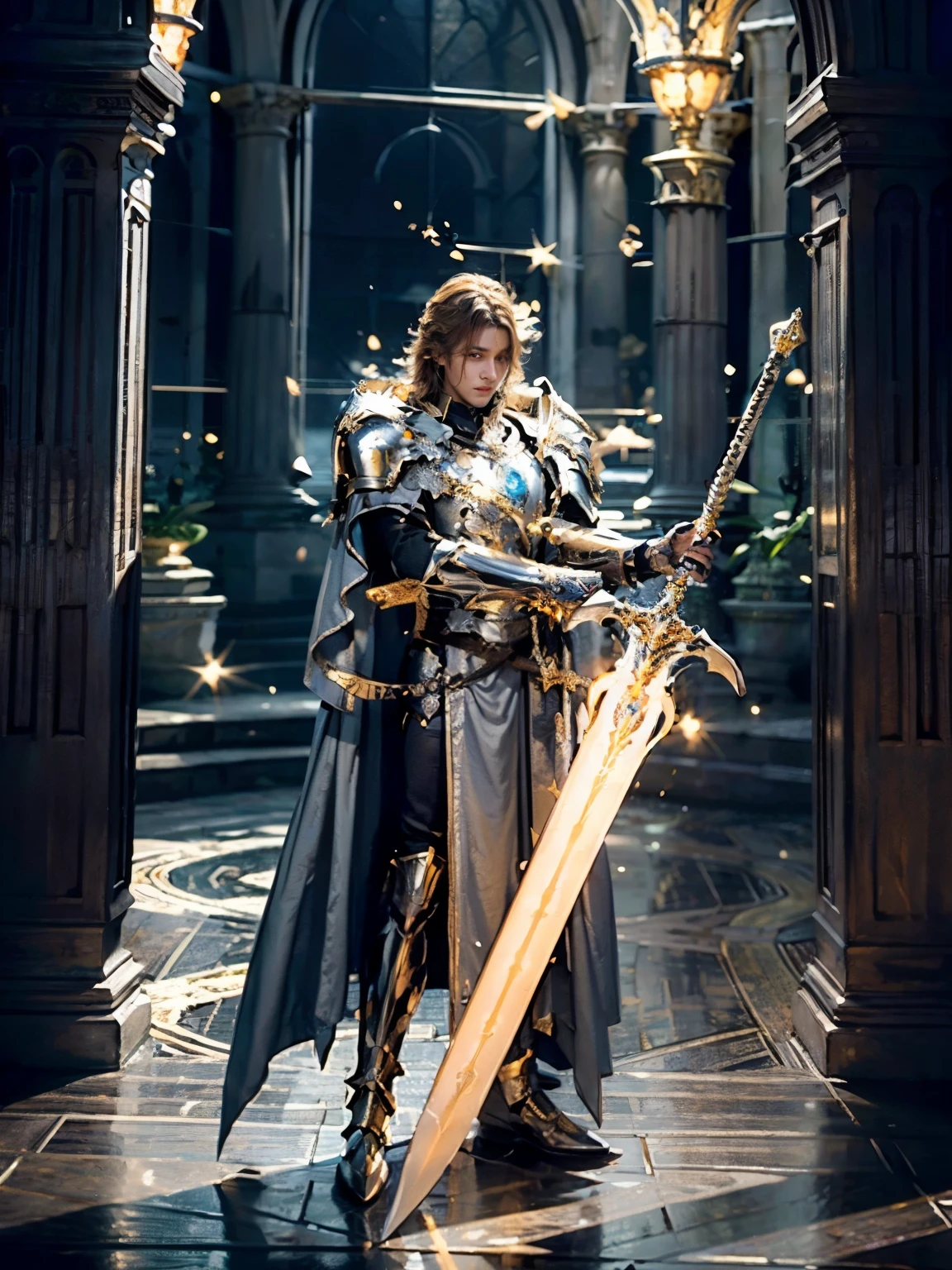 (masterpiece, best quality), A paladin holding a light infused sword, light magic, divine, magewave, silver and gold, 4k, dark cityscape, Fujifilm