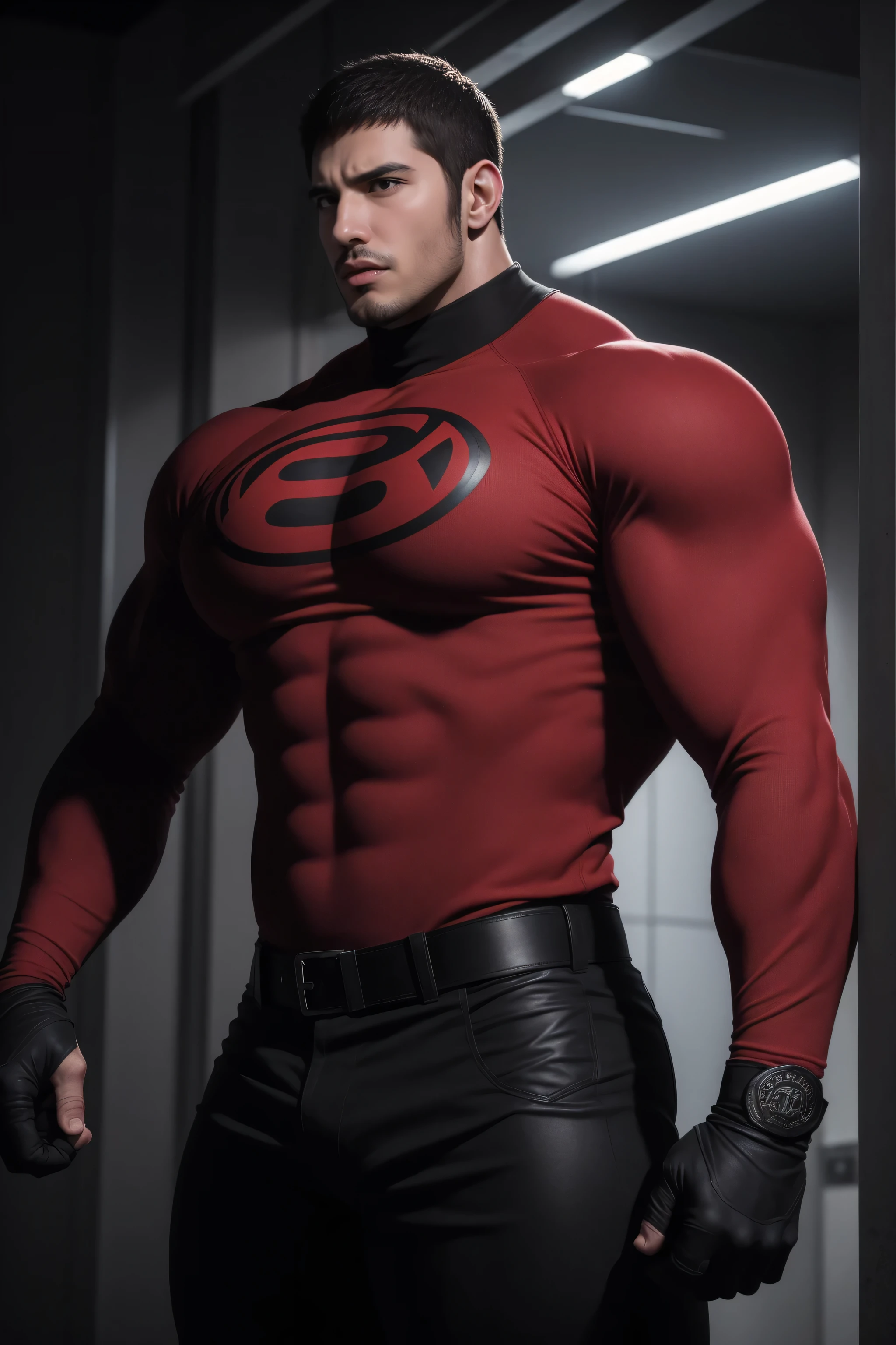 1 super muscular man, Open mouth and scream,Buzz Cut,In a luxurious and noble mansion, Wear a long-sleeved red and black collar tights, Thickened warm elastic texture,The expression is arrogant, High collar long sleeve red and black turtleneck tights, very tight, Regular symmetrical pattern, Highlight muscles, Police uniform pants, Thick thighs,character concept(Resident Evil - Chris Redfield, Chris Redfield)A proud expression, Deep and charming eyes, Heroic male pose, tall Burly, muscular!muscular thighs, tough guy, perfect facial features, High, Burly, Heqiang, Super polished and cool, High Resolution Committee, Charismatic, The sun shines through the customers