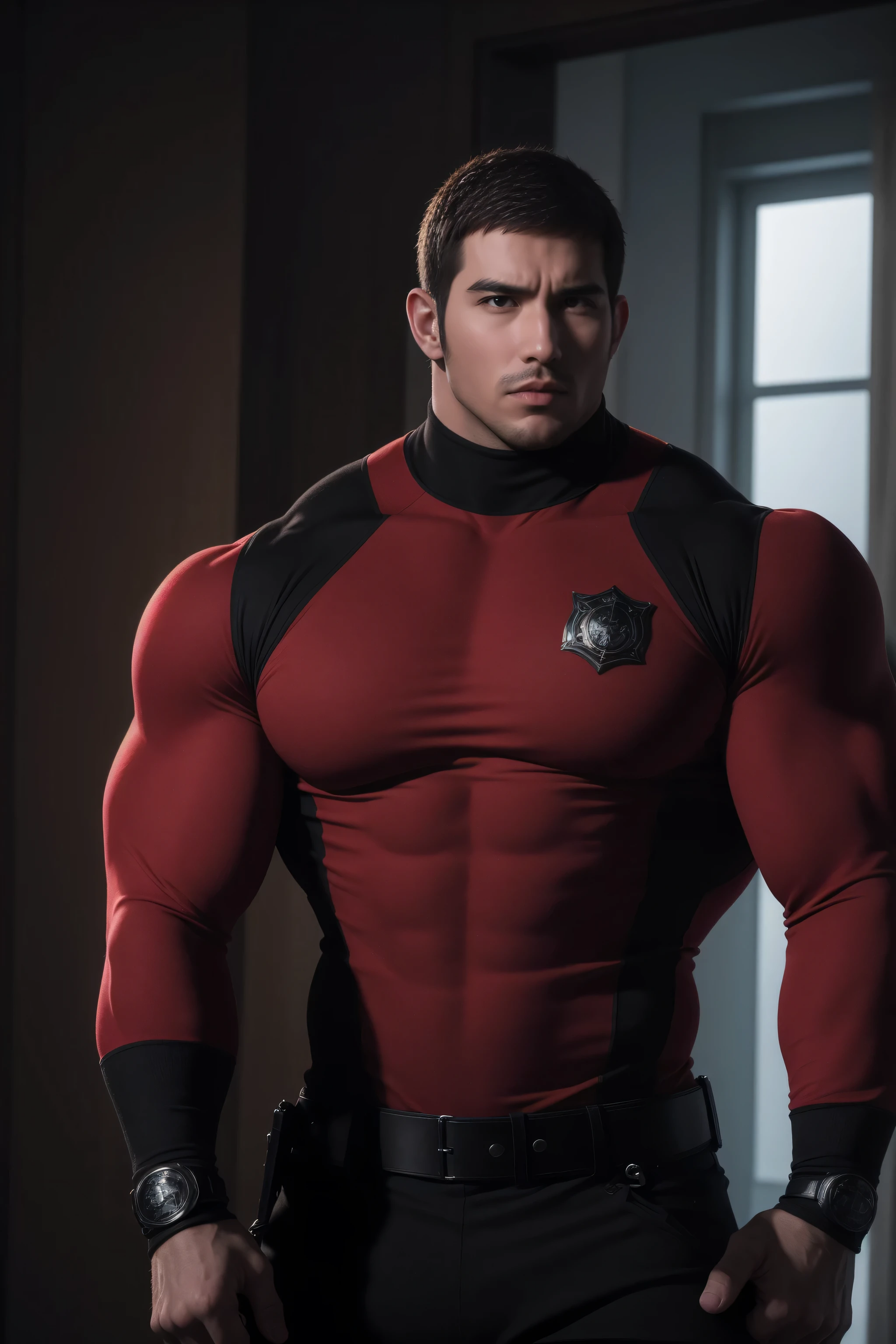 Super muscular man, Open mouth and scream,Buzz Cut,In a luxurious and noble mansion, Wear a long-sleeved red and black collar tights, Thickened warm elastic texture,The expression is arrogant, High collar long sleeve red and black turtleneck tights, very tight, Regular symmetrical pattern, Highlight muscles, Police uniform pants, Thick thighs,character concept(Resident Evil - Chris Redfield, Chris Redfield)A proud expression, Deep and charming eyes, Heroic male pose, tall Burly, muscular!muscular thighs, tough guy, perfect facial features, High, Burly, Heqiang, Super polished and cool, High Resolution Committee, Charismatic, The sun shines through the customers