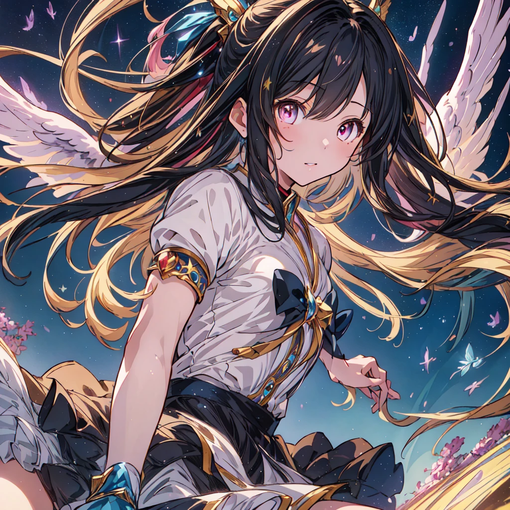 highest quality、最高masterpiece、Ultra-detailed eyes、(((One girl))),Dynamic composition、Magical girl、Angel&#39;s wing、One girl, alone, Milky white short hair, Magic wand, wing, Black background, sword, Knee socks, Holding, skirt, hair ornaments, gloves, boots, feathered wing, Holding 武器, feather,  black skirt, blue eyes, black gloves, Milky hair, whole body, belt, Exposing shoulders, thigh boots, Holding Magic wand, elbow gloves, Gauntlet, [(White Background:1.5),::5] (Isoscale:1.0), Double Exposure, bubble,
Mid Shot, whole body,masterpiece, highest quality,(colorful),(Beautifully detailed eyes and face),Cinema Lighting,Highly detailed CG Unity 8k wallpaper、Super huge、whole body、