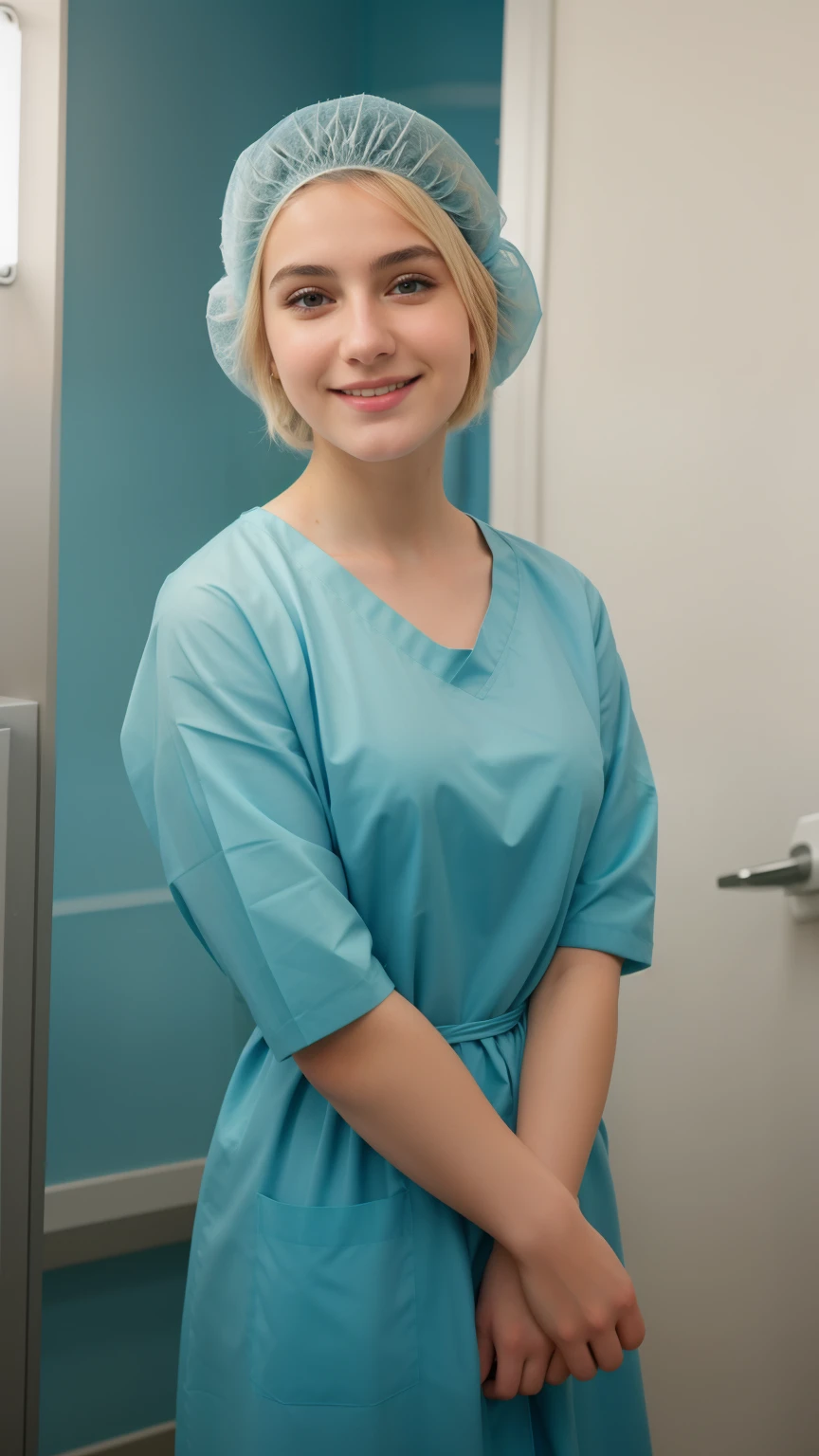 A Realistic Portrait, of a italian teenager girl, pediatric patient ,,, Beautiful, detailed face, detailed eyes, (realistic skin:1.3), (pale skin:1.1), (textured skin:1.3), (()), big smile, (iphone photograph),  ), (artificial lighting:1.3),  looking at the camera, , amateur Photography, Photorealistic, Detailed, analog, poor quality, standing in medical change room, beautiful face, big eyes, big smile, detailed face, wears teal nylon patient gown with  , putting long patient gown on, back-tied patient gown,, high closed crew-neck, bokeh, all wearing large teal nylon bouffant cap , , large surgical bouffant cap covering hair and ears, ultra-short blonde hair fully covered by nylon shower cap, no hair tails, standing in hospital room