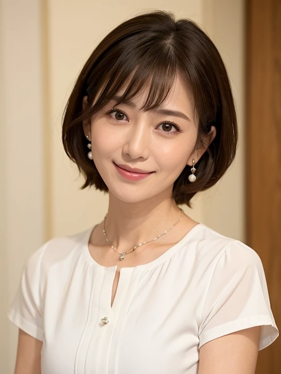 ((best quality、masterpiece:1.3))、Clear focus:1.2、(Practical、Practical:1.37)、perfect beautiful woman、Highly detailed face and skin textures、Beautiful eyes,Double eyelids、Little Smile、short hair、Smaller bust、small necklace、White short-sleeved shirt、Indoor sunshine and warmth,Emphasize the beauty of facial lines and contours,Raise your head slightly,Have self-confidence,A wise look,Plain makeup,Plain background,Japanese and Korean women,The eyes look to the left front,Wearing single pearl earrings