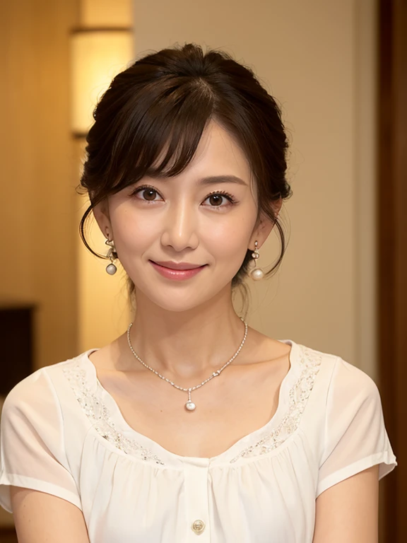 ((Highest quality)), ((masterpiece)), (detailed),Perfect Face,Japanese,Fair skin,Upper Body,Long Hair,Women's Ana Style,blouse,Mature Woman