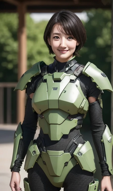 18-year-old、Textured skin, Super detailed, Attention to detail, high quality, 最high quality, High resolution, 1080p, hard disk, beautiful,(War Machine),beautifulサイボーグ女性,Dark Green Mecha Cyborg Girl,Battle Mode,Girl with a mechanical body,She is wearing a futuristic combat weapon mecha、Very short hair、Brown eyes、Sweaty、Cute Smile、