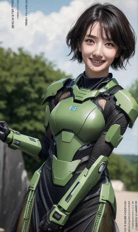 18-year-old、Textured skin, Super detailed, Attention to detail, high quality, 最high quality, High resolution, 1080p, hard disk, beautiful,(War Machine),beautifulサイボーグ女性,Dark Green Mecha Cyborg Girl,Battle Mode,Girl with a mechanical body,She is wearing a futuristic combat weapon mecha、Very short hair、Brown eyes、Sweaty、Cute Smile、