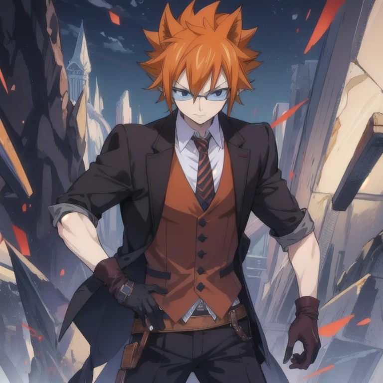 masterpiece, best quality, , 1boy, solo, male focus, looking at viewer, full body, , ligne claire, , loki_fairy_tail, orange hair, black eyes, leather gloves, spiked hair, waistcoat, fairy_tail,