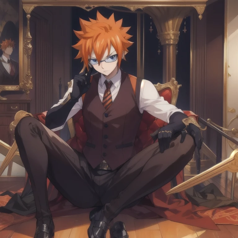 masterpiece, best quality, , 1boy, solo, male focus, looking at viewer, full body, , ligne claire, , loki_fairy_tail, orange hair, black eyes, leather gloves, spiked hair, waistcoat, fairy_tail,