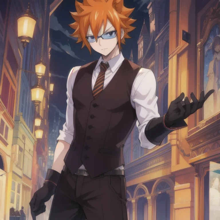 masterpiece, best quality, , 1boy, solo, male focus, looking at viewer, full body, , ligne claire, , loki_fairy_tail, orange hair, black eyes, leather gloves, spiked hair, waistcoat, fairy_tail,