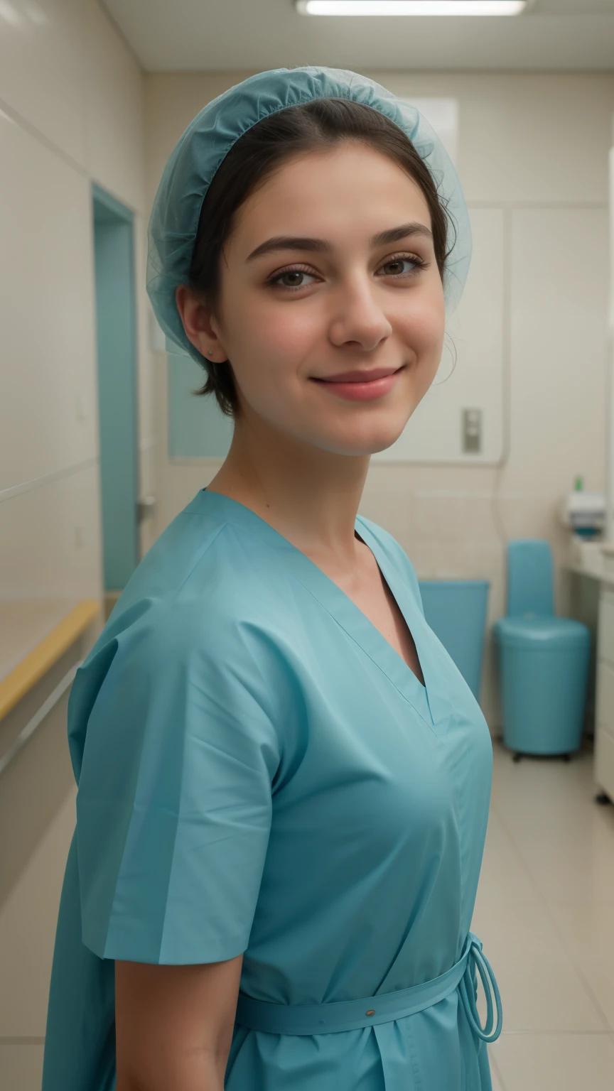 A Realistic Portrait, of a italian teenager girl, pediatric patient ,15 years old,, Beautiful, detailed face, detailed eyes, (realistic skin:1.3), (pale skin:1.1), (textured skin:1.3), (()), big smile, (iphone photograph), ), (artificial lighting:1.3), looking at the camera, , amateur Photography, Photorealistic, Detailed, analog, poor quality, standing in medical change room, beautiful face, big eyes, big smile, detailed face, wears teal nylon patient gown with , putting long patient gown on, back-tied patient gown,, high closed crew-neck, bokeh, all wearing large teal nylon bouffant cap , , large surgical bouffant cap covering hair and ears, ultra-short hair fully covered by nylon shower cap, no hair tails, standing in hospital room
