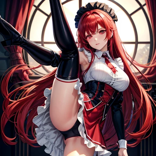Redhead Maid clothes Morbid paleness Red Eye Knee-high boots Doing a high kick