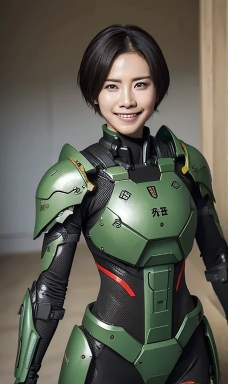 18-year-old、Textured skin, Super detailed, Attention to detail, high quality, 最high quality, High resolution, 1080p, hard disk, beautiful,(War Machine),beautifulサイボーグ女性,Dark Green Mecha Cyborg Girl,Battle Mode,Girl with a mechanical body,She is wearing a futuristic combat weapon mecha、Very short hair、Brown eyes、Sweaty、Cute Smile、