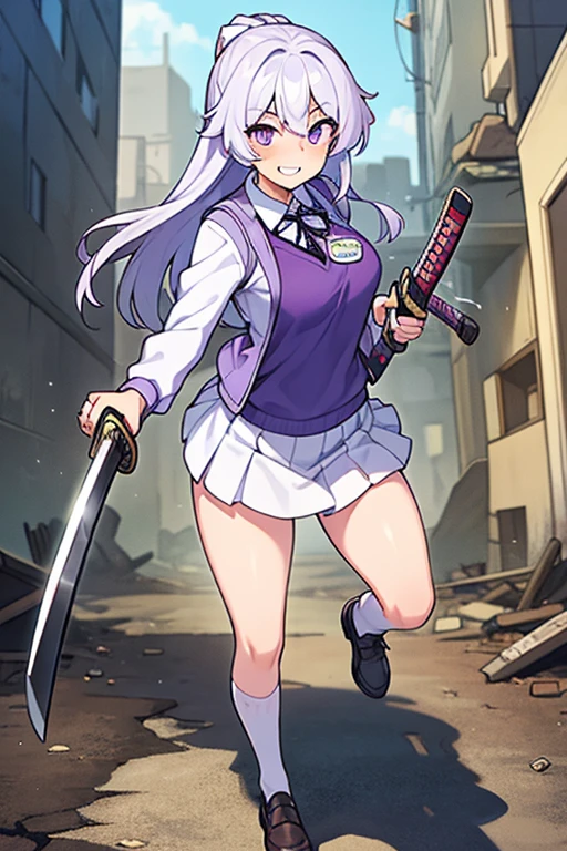 best quality, masterpiece, detailed, 1girl, white-purple hair, cute face, I logo on purple vest, white jacket, , white skirt purple eye with white gradient, mark on neck, serious eyes, grin mouth, preparing a strike with katana, full body, middle of ruined city