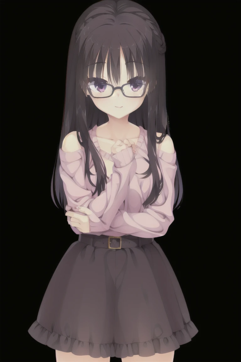 1girl,solo,smiling, glasses, woman, brown hair, medium hair, A frilly pink sweater with exposed shoulders, black skirt with a ribbon,medium breast, full body, full body, thigh-highs,Character portrait, whole body, expensive_solve, clear_image, expensive_Contrast, 8k, Sparkling, beautiful_detailed_face_and_eye, (Black Hair:1.25), 白 eye,Black background